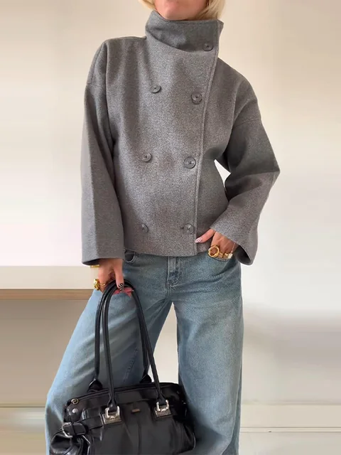 Elegant Women's Coat High Stand Collar Full Sleeve Double Breasted Solid Female Coats 2025 Autumn Fashion High Street Lady Top 3