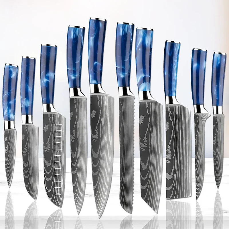 

1-10pcs Knives Set Resin Handle Damascus Steel Chef Knife Cleaver Paring Utility Bread Knife Slicer Knife Sharpener Cooking Tool