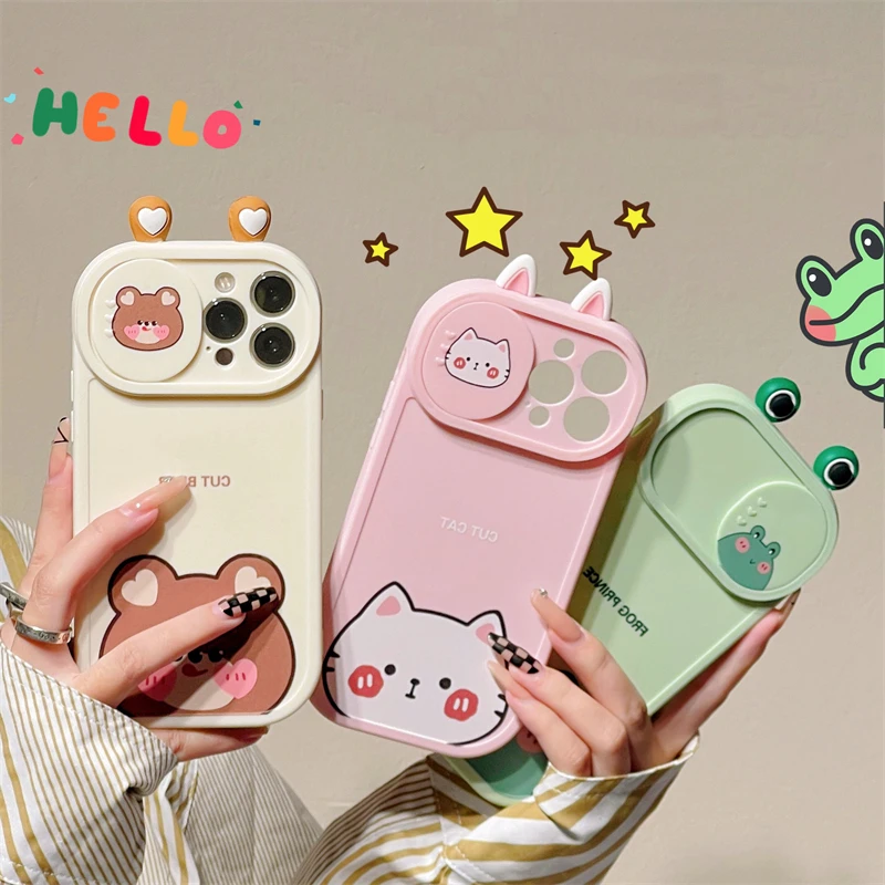 Cartoon 3D Ear Bear Cat Frog Cute Slide Lens Protection Case Per Iphone 14 12 13 11 Pro Xs Max X Xr Push Pull Bumper Soft Cover