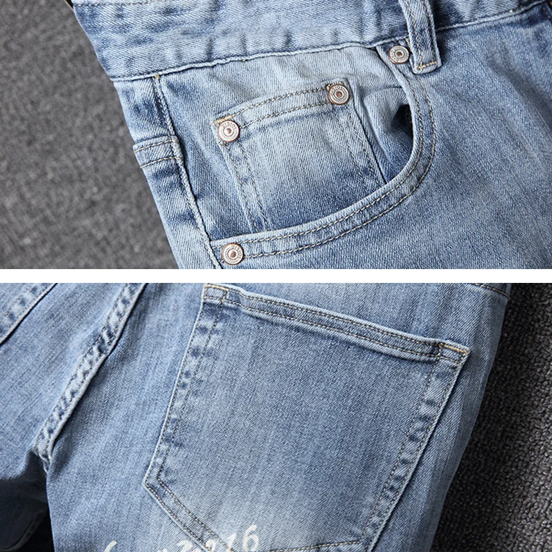 Street Fashion Men Jeans High Quality Retro Light Blue Slim Fit Printed Designer Jeans Men Hip Hop Denim Skinny Pants Hombre