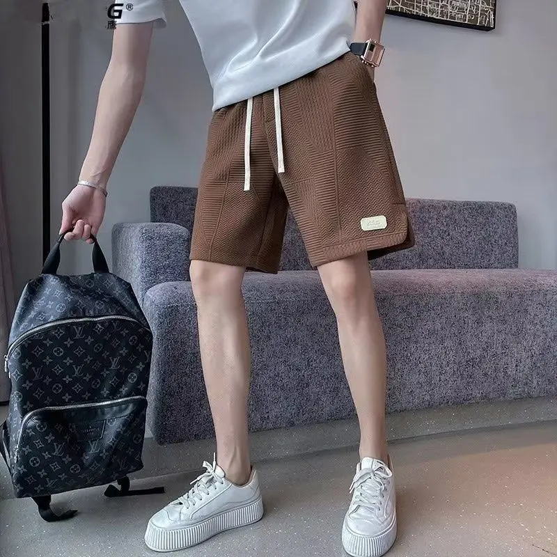 Summer New Solid Color Fashion Elastic Waist Knee Length Pants Man High Street Casual Loose Pockets Thin Drawstring Trousers