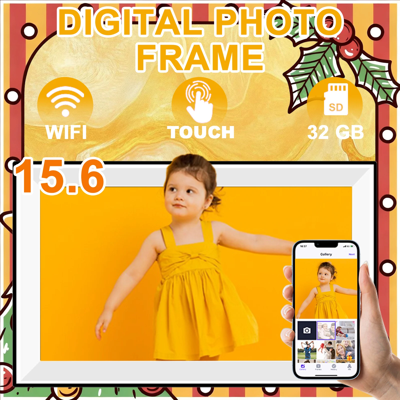 15.6 inch built in 32GB WiFi Large touch ips digital photo frame 1920*1080 WiFi Smart Frame Share Photos and Videos via frameo