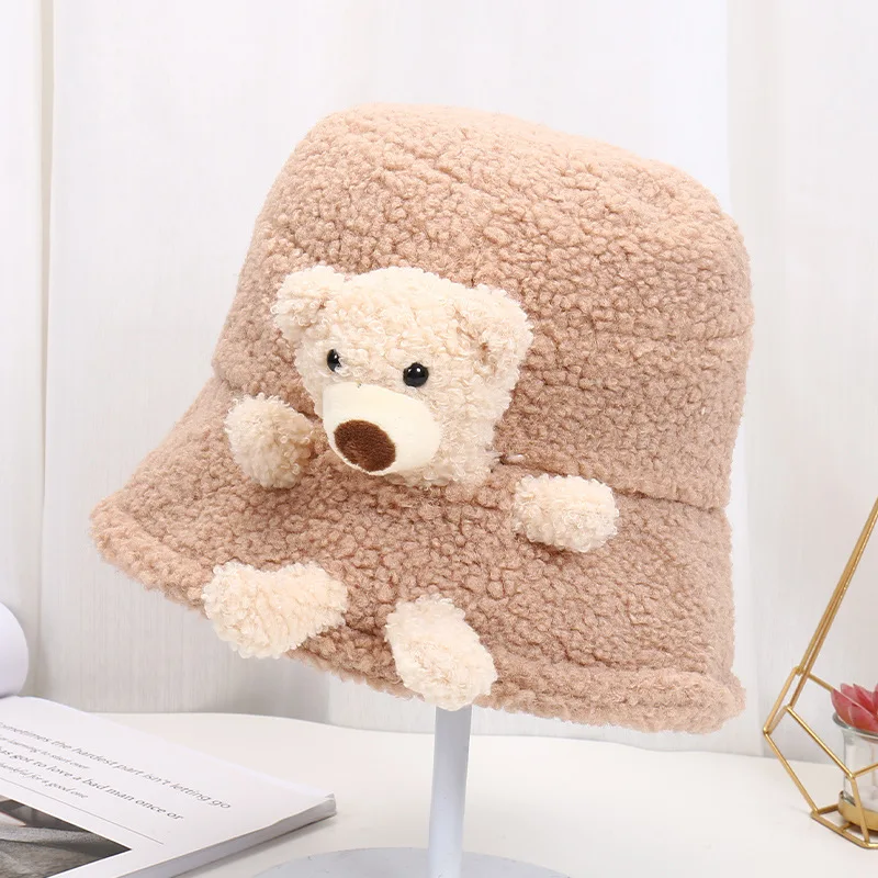 Fashion Women Men Winter Faux Wool Bucket Hat Lovely Cartoon Bear Pattern Printed Wide Brim Warm Panama Fisherman Cap for Women