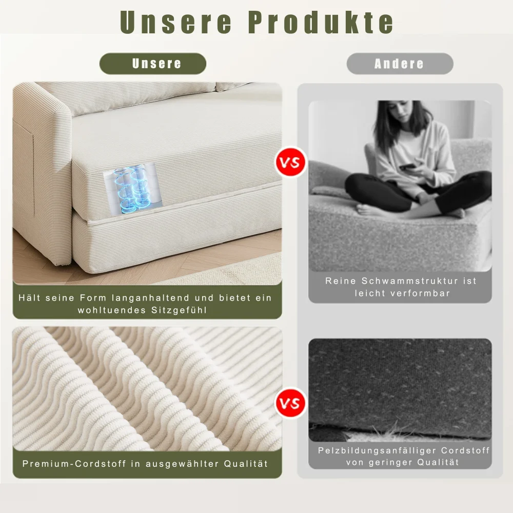 2-in-1 Konvertierbares Klappsofa-Bett aus Cord, 2-Sitzer Lounge-Couch mit Lendenkissen & Zeitschriften-Aufbewahrungstaschen, Beige – Detail 8