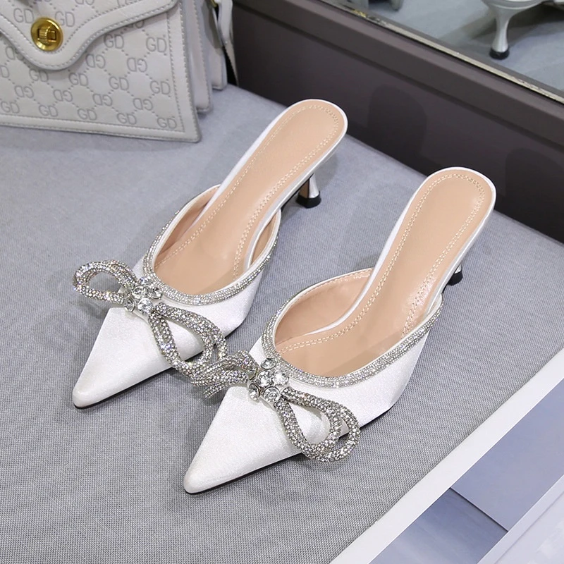 

Pointed Toe High Heels 2021 Summer New Bow Rhinestone Sandals Closed-Toe Slippers Woman Slides