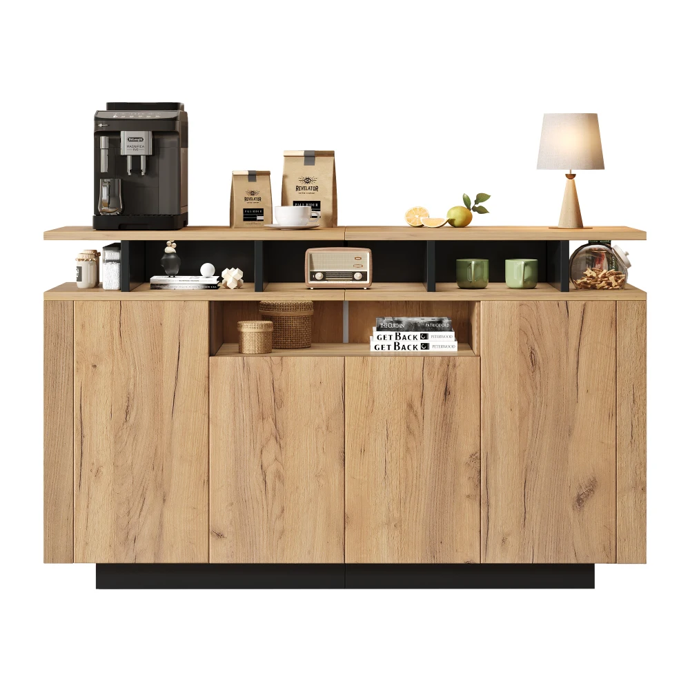 Natürliches Holz-Sideboard mit 4 Türen und 3 Offenen Regalen, Aufbewahrungsorganizer für Zuhause, Büro, Wohnzimmer und Flur – Detail 26
