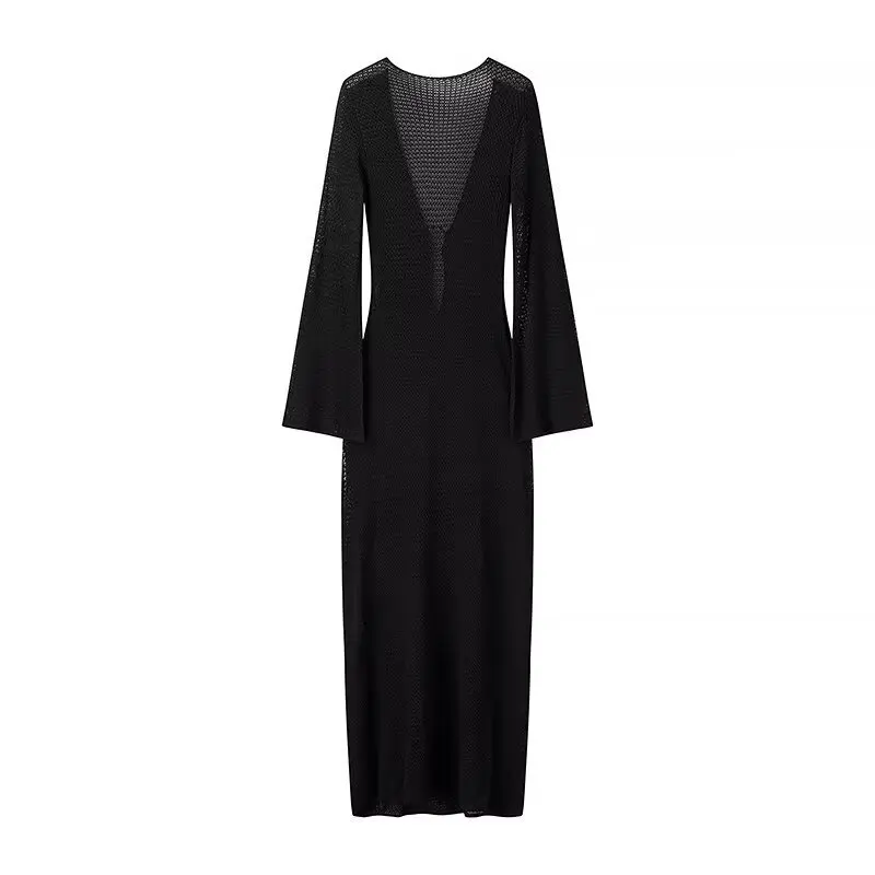 Vestido de otoño de punto calado para mujer, transparente, con escote en V, sin espalda, informal, para playa, vacaciones, maxivestido de punto, vestido de mujer nuevo