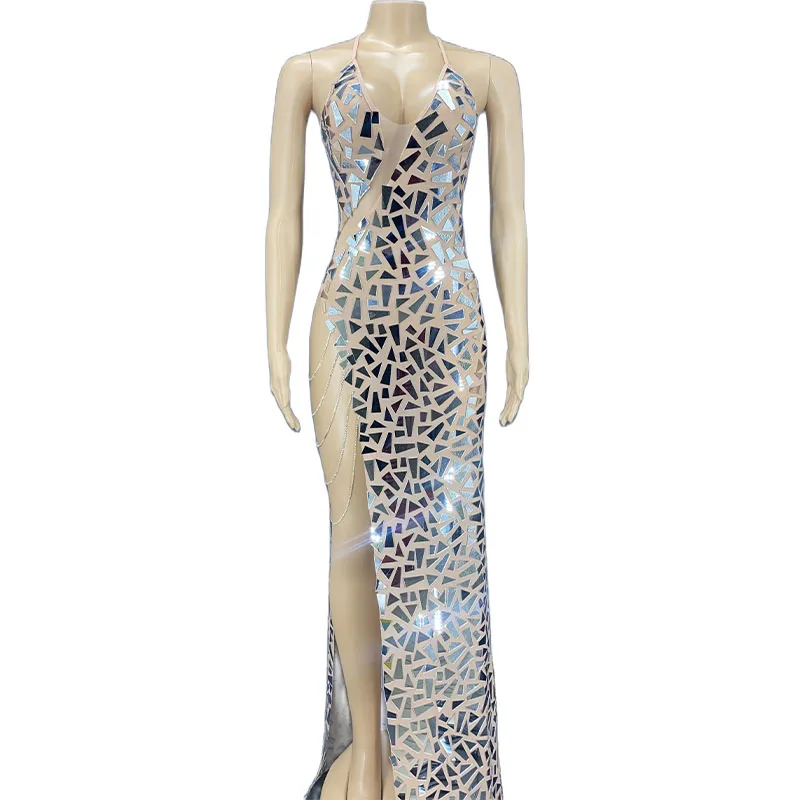 

Rhinestone Women Shiny Luxurious Silver Mirror Evening Dress Mesh Performance Sexy Stage Host Costume