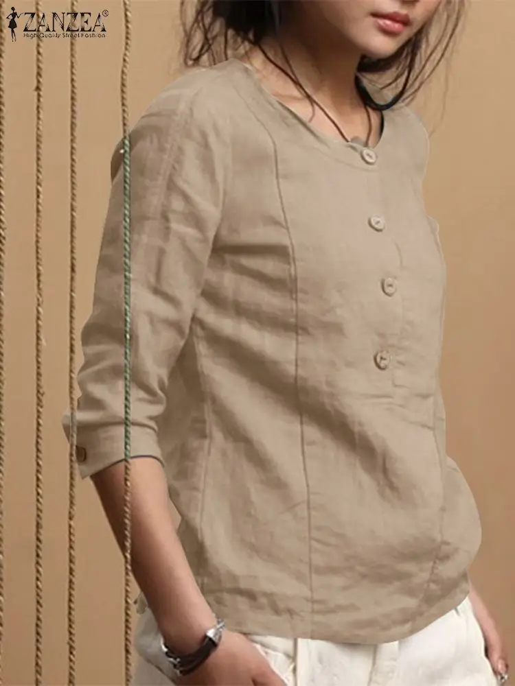 

ZANZEA Woman Fashion Solid Chemise Casual Shirt Spring O Neck 3/4 Sleeve Blouse Elegant Buttons Down Blusas Elegant Tops 2024