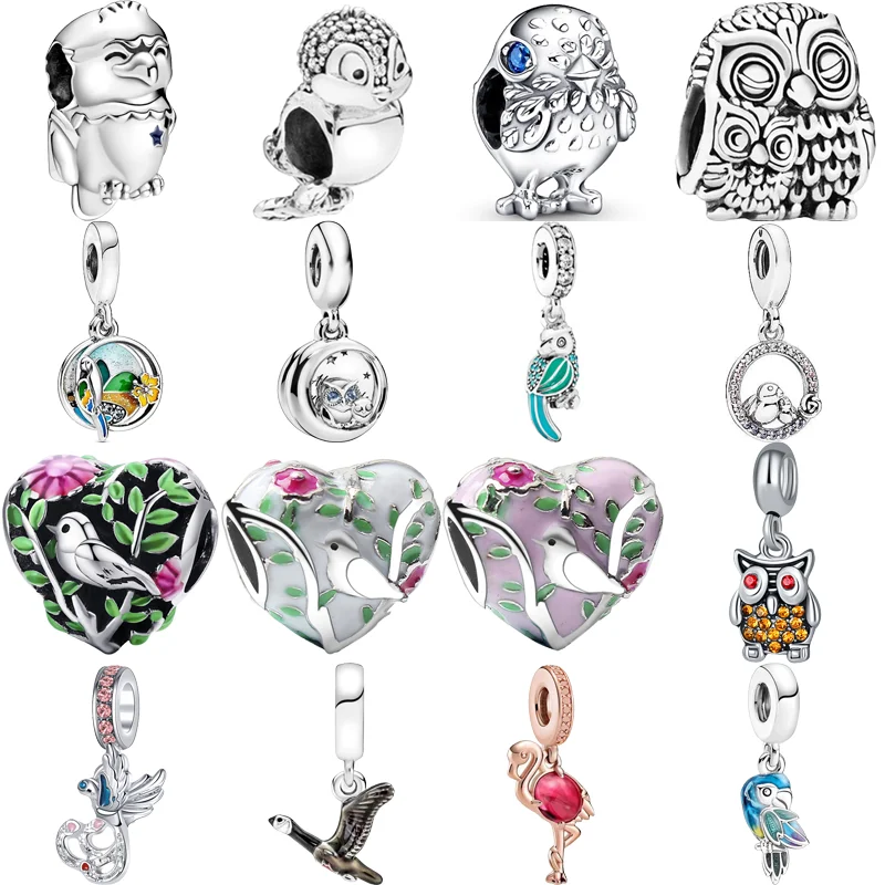 

New Eagle Parrot Goose Flamingo Owl Phoenix Birds Pendant Fashion Beads Fit Original Pandora Charm Silver Color Bracelet Jewelry