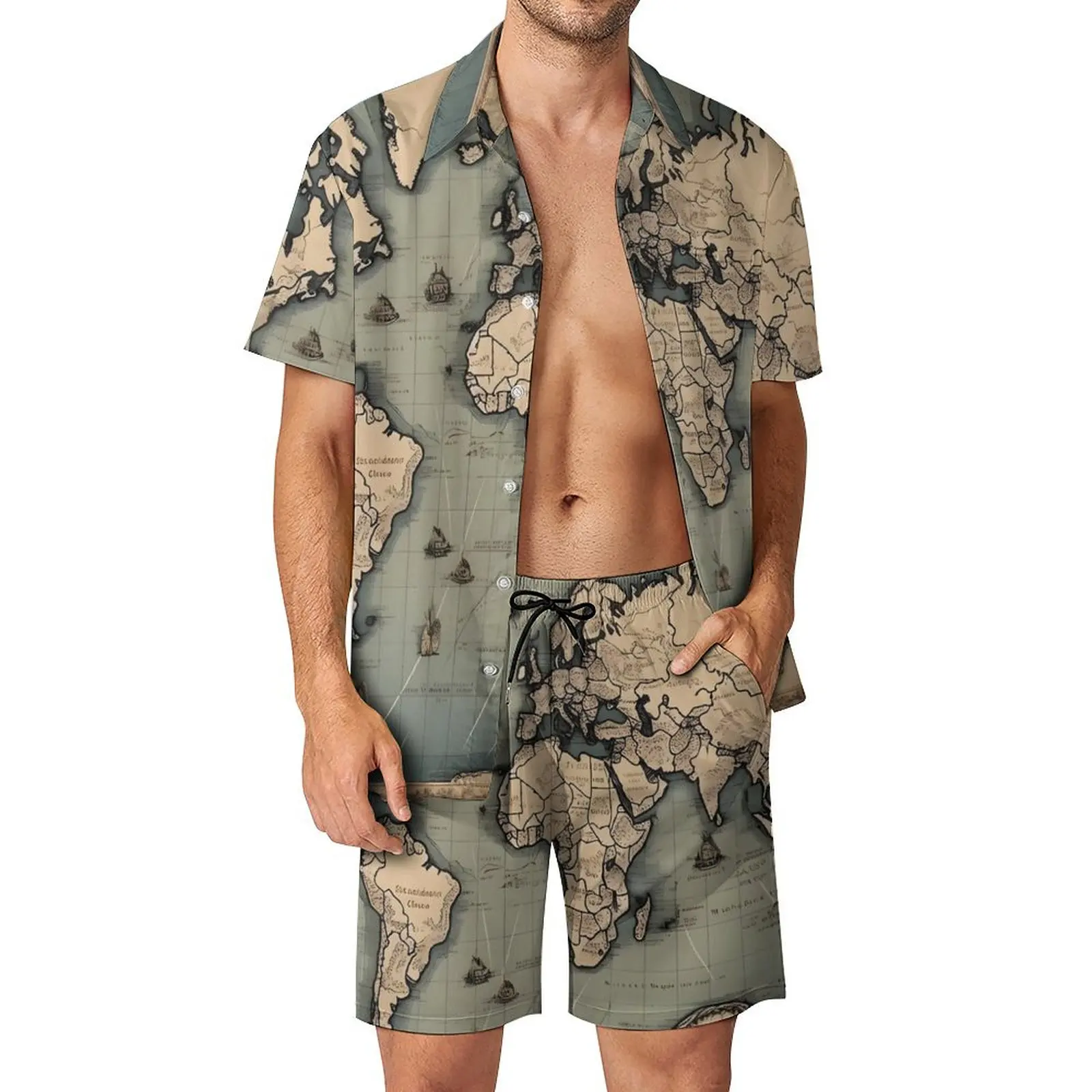

Винтажный Мужской комплект с картой мира, Повседневная рубашка с исторической картой, модный пляжный костюм с принтом, костюм из двух предметов, 2XL 3XL