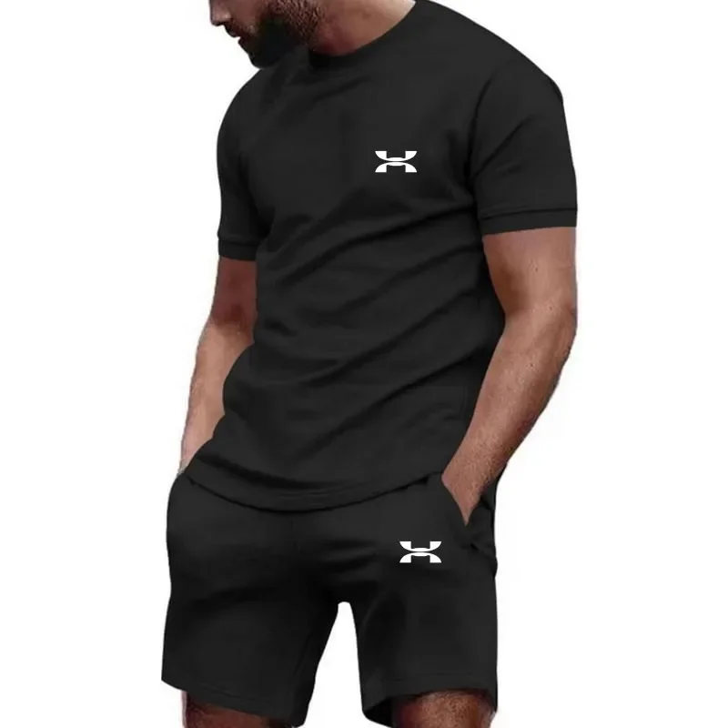 2024 Summer Men's casual short-sleeved T-shirt and sports shorts two-piece gym jogging outfit Breathable quick drying two-piece