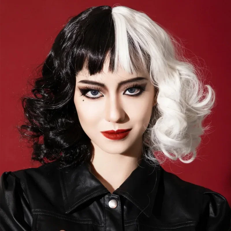 

Autumn Winter Ladies Short Roll Black White Wig Fashion Novel High Temperature Wire Cosplay Cruella de Vil Halloween Costume