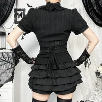 Sweet Lolita Cotton Shirts Women Vintage Gothic Black White Jacquard Short Sleeve Blouses Elegant Office Lady Y2k Tops - Image 4