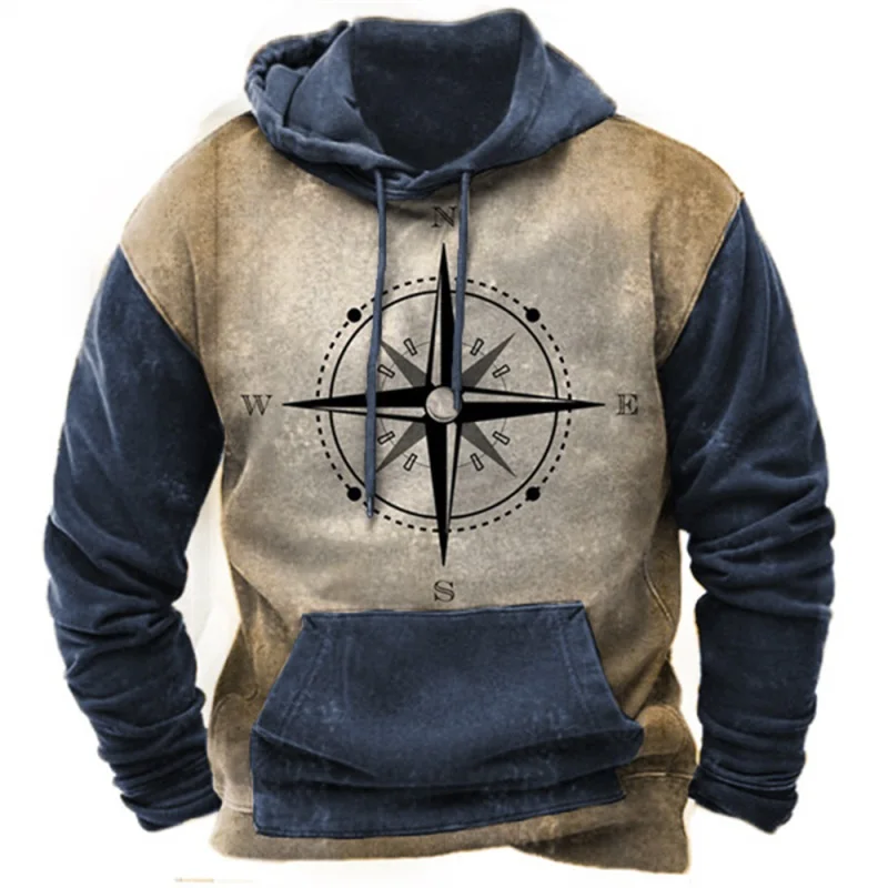 thumbnail image 1 of Sudadera con capucha con gráfico de brújula retro para hombre, sudadera de manga larga de gran tamaño, sudadera con capucha con estampado completo, ropa de calle vintage para hombre, 1 of 4