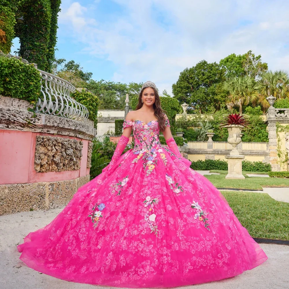Colorful Flowers Chic Ball Gown Quinceanera Dress Shiny 15 16 Birthday Lace Up No Gloves Evening Dress Sweet Party