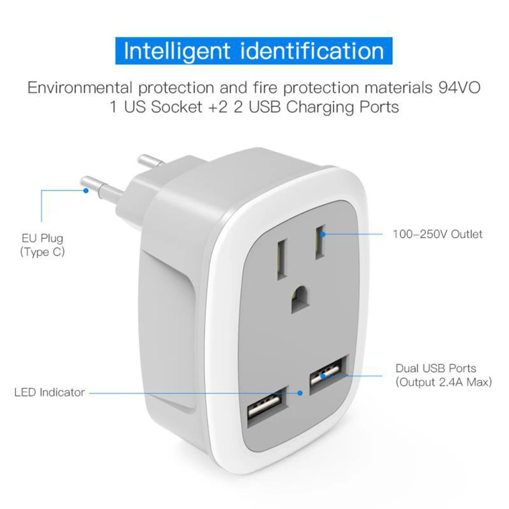 

EU to US Power Adapter Portable Conversion Outlet Plug 110V-220V Dual USB 2 4A Charger Socket Europe America Charging