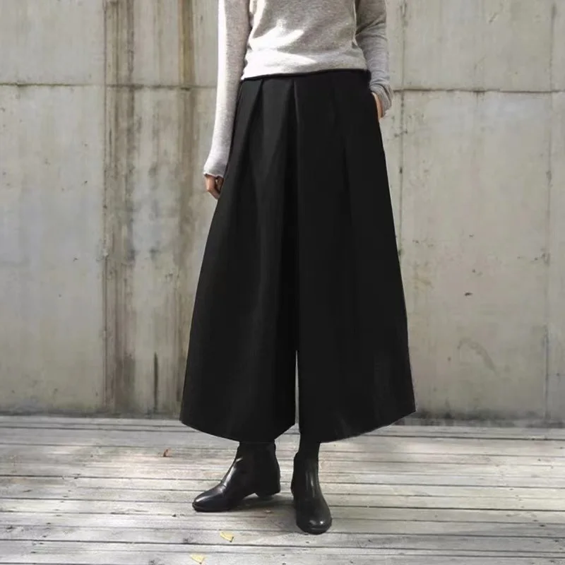 Loose Woolen Wide Leg Skirts Pants Women Pleated Casual Pants Winter Autumn Straight Trousers Elastic High Waist Fat Leg Pants