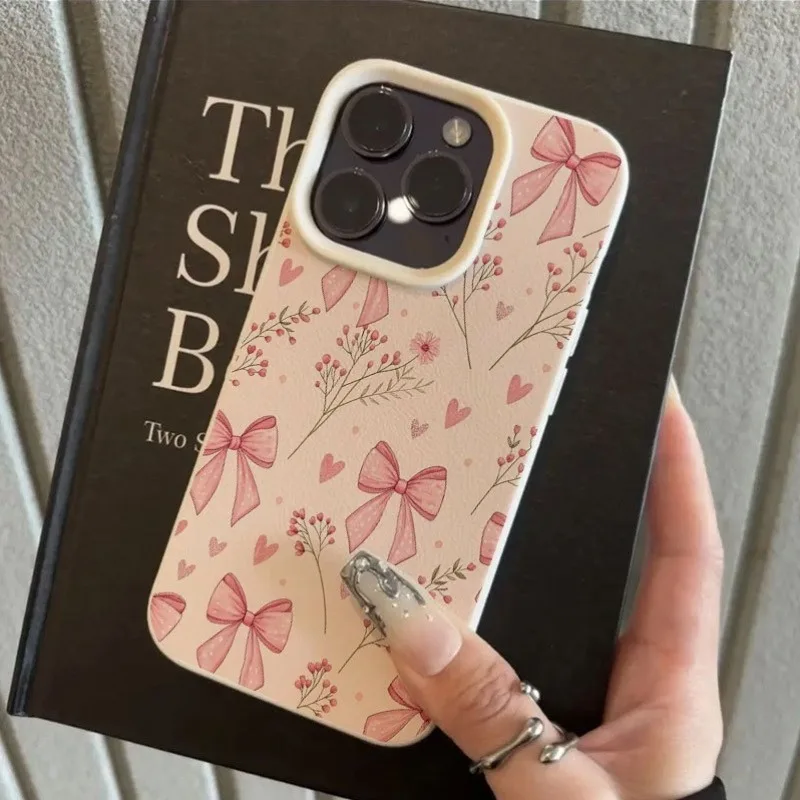 Pink Floral Bow Lychee Texture Soft Phone Case