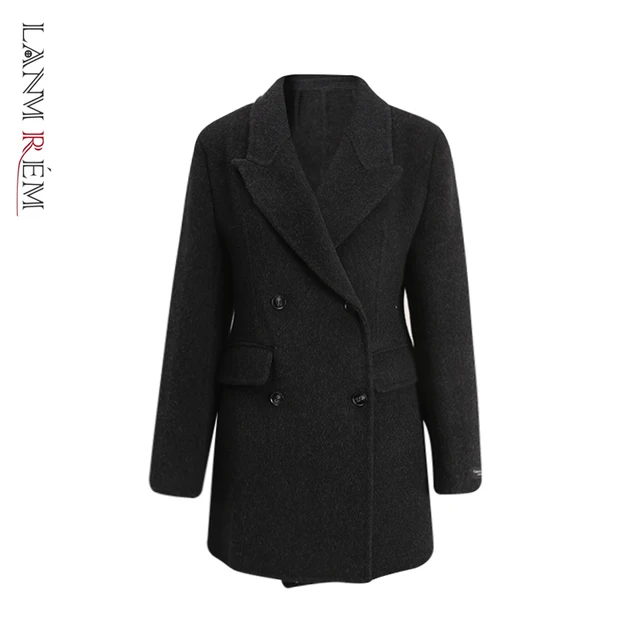 LANMREM Notched Collar Dark Grey Women's Double-faced Woolen Coat straight Double Breasted Autumn Winter Clothing Chic CPG4187
