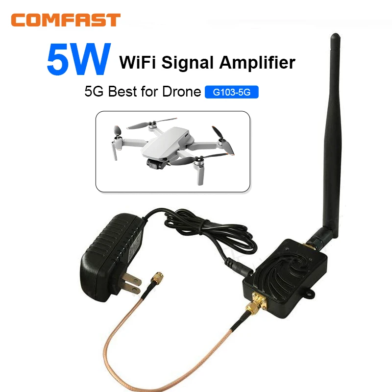 Vue de face de l'amplificateur WiFi 2.4G 4W et 5.8G 5W, affichant les indicateurs LED et les ports d'antenne.