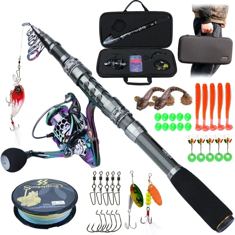 Sougayilang Telescopic Fishing Rod Spinning Reel and Fishing Line Lures Carrier Bag Set for Travel Saltwater Freshwater fishing pole set fishing rod and reel combo