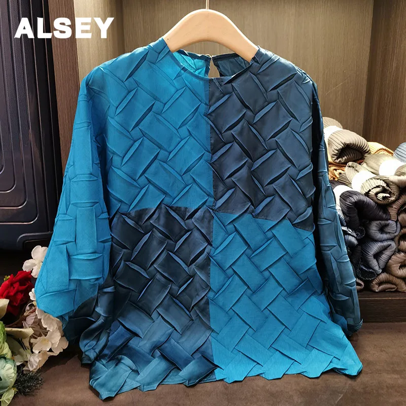 

ALSEY Miyake Pleated Blouse Women's New Temperament Commuter Office Lady Round Neck Loose Large Color Blocking Long Sleeve Shirt