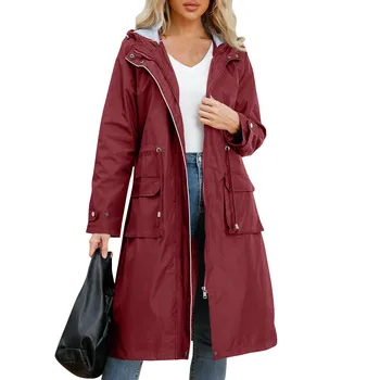 Women's Solid Colored Hooded Long Sleeved Trench Coat With Striped And Straight Tube Jacket Elegant British Style Windbreake 1