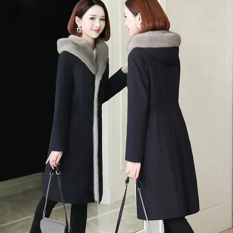 

High end Style Overcomes Women's Long Detachable Mink Fur Hooded Otter Rabbit Inner Liner 2024 Winter New Loose Coat Nick Suit