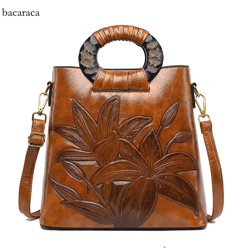 

New Women's Bag Chinese Style Versatile Large Capacity Shoulder Bag Retro Oil Wax Leather Handheld Middle aged Women's Bag