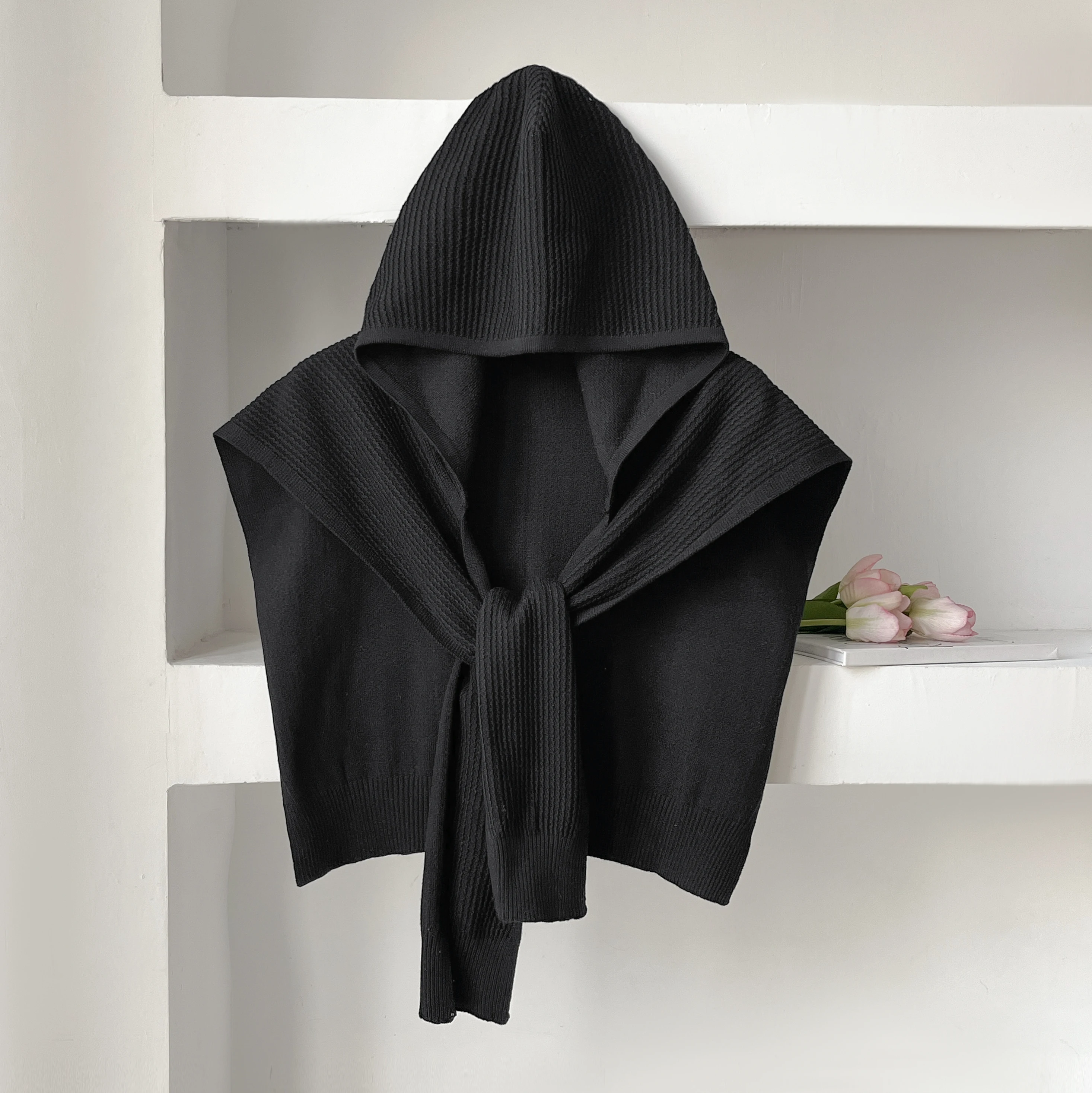 2025 Latest Solid Color Knitted Shawl Summer Air Conditioning Knit Hooded Hat Thin Knotted Cape Shoulder Scarf For Women