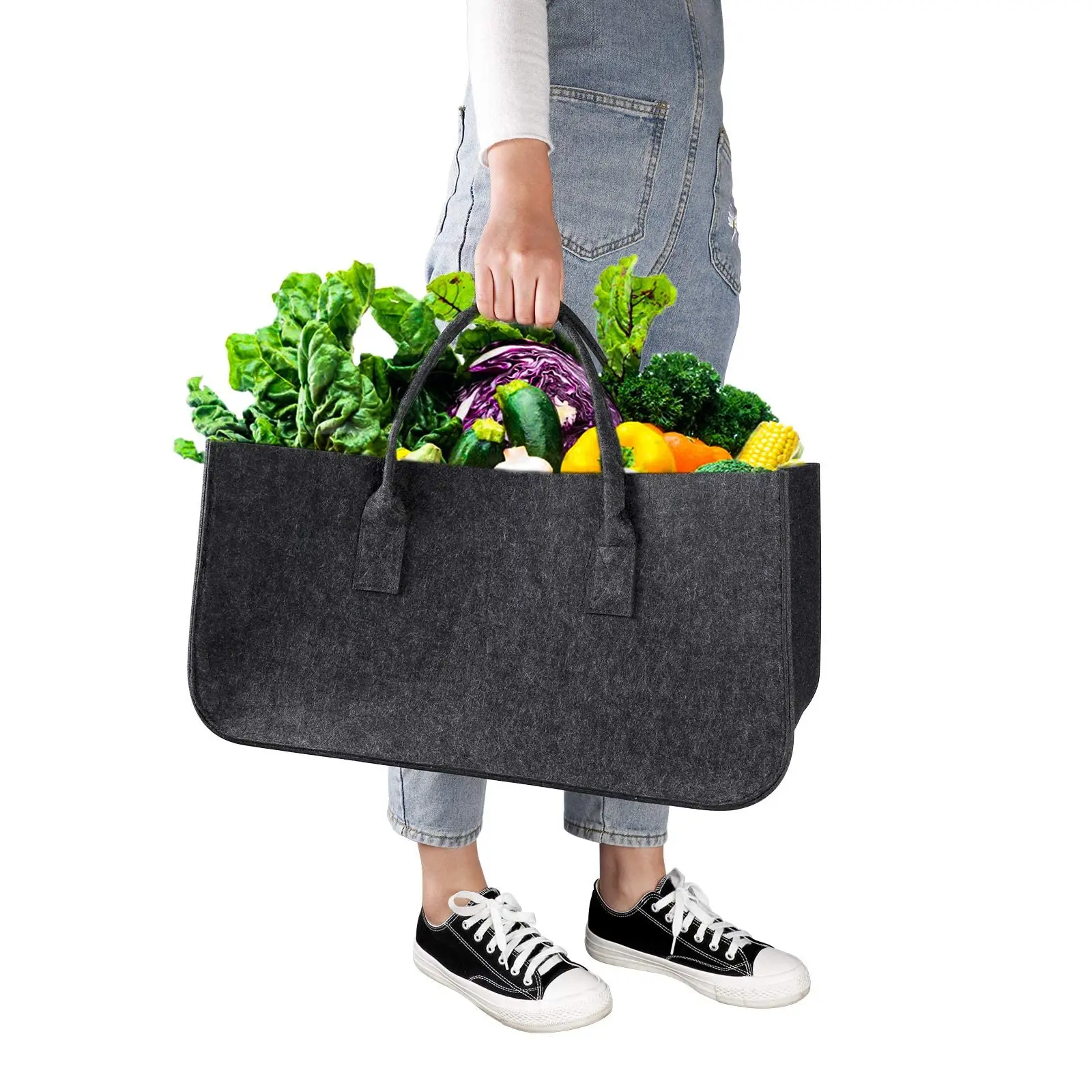 Foldable Large Firewood Basket Felt Bag Shopper for Wood Newspapers Firewood Felt Bag Set of 2 4