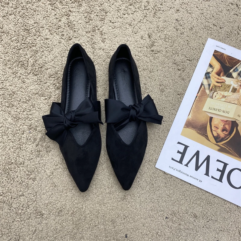 Bow Tie Mary Janes Shoes Women Elegant Daily Pointed Toe Flats Shoes Ladies Pu Leather Spring Autumn Casual Black Loafers New 5