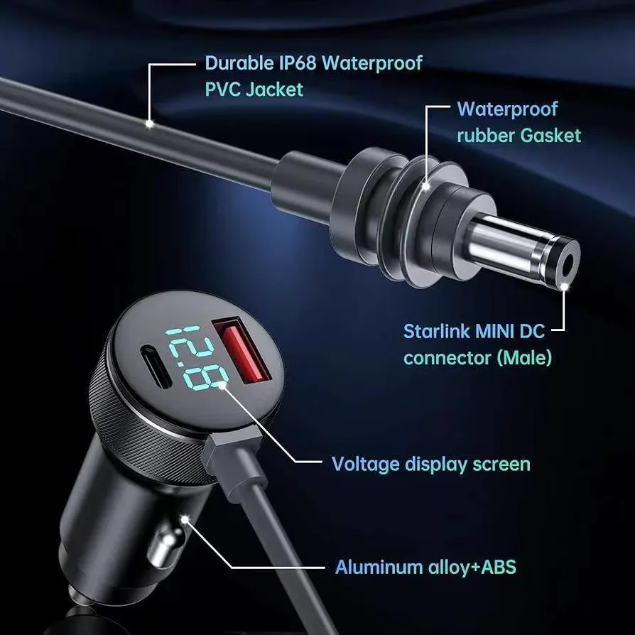 For Starlink Mini Power Cable 2M/3M 12V-24V Cigarrete Lighter Adapter to DC Power Cable with USB Type-C Port and Voltmeter power adapter power cable