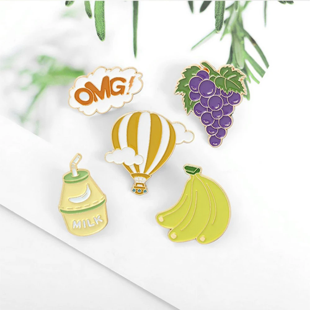 

Dessert Time Enamel Pin Custom OMG Grape Banana Milk Balloon Brooch Bag Clothes Lapel Pin Badge Cartoon Food Jewelry Kid Friend