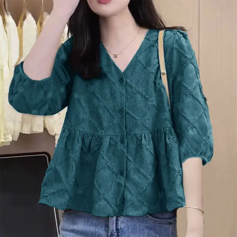 2024 Spring and Autumn Commuting Minimalist Fashion Loose Three Quarter Blouses Solid V-neck Shirring Button Women's Shirt Top