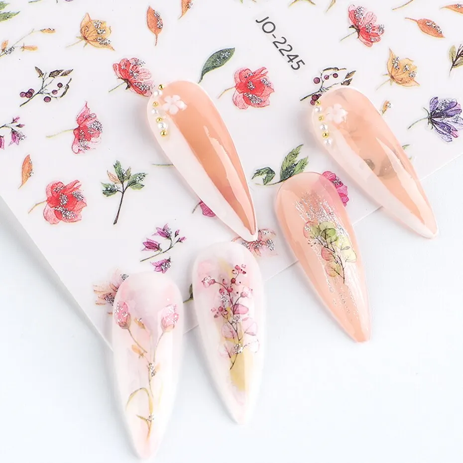Design Shiny Flowers Nail Sticker 12pcs 3D Pink Spring Blossom Nail Art Decals Green Leaves Sliders DIY Decorate Manicure nail stickers nail art decoration nail decals flower stickers