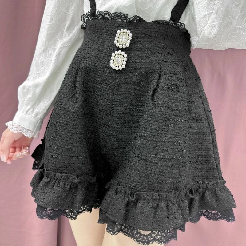 2023 New Lace Shorts Japanese Style Rojita Tweed Sling Drill Buckle Suspender Shorts High Waisted Short Pants Women's Clothing