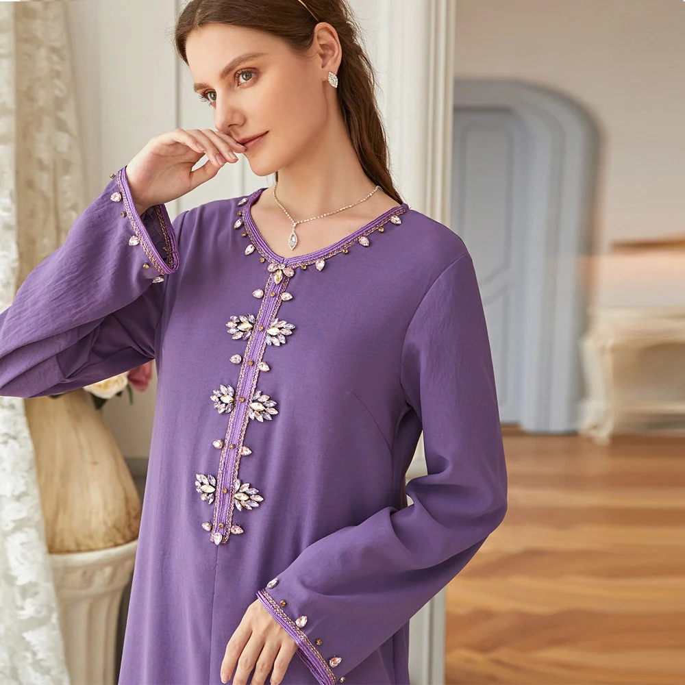 

Abaya For Women Purple Selvedge Hand Sewn Drill V-neck Dress Station Gown Abaya Loose Dubai Turkish Women Robe Ramadan Dress