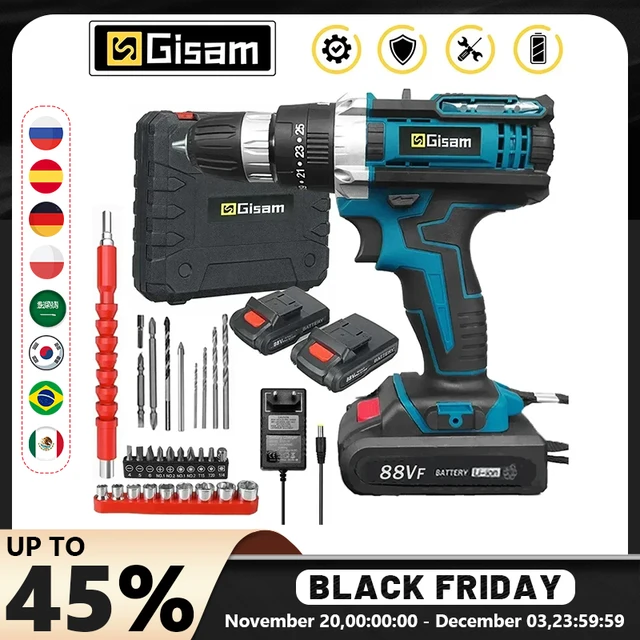 מקדחה חשמלית Gisam Cordless Impact Drill מברגה חשמלית נטענת מקדחה ידנית מקדחה כלי עוצמה 25+3 מקדחה עם סוללת ליתיום 1