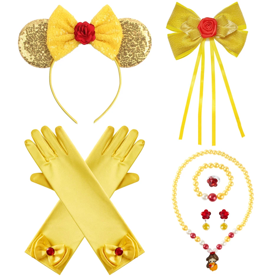 Belle Princess Cosplay Costume Kids Yellow Sleeveless Flower Long Gown Children Beauty and the Beast Fancy Disguise Party  Set