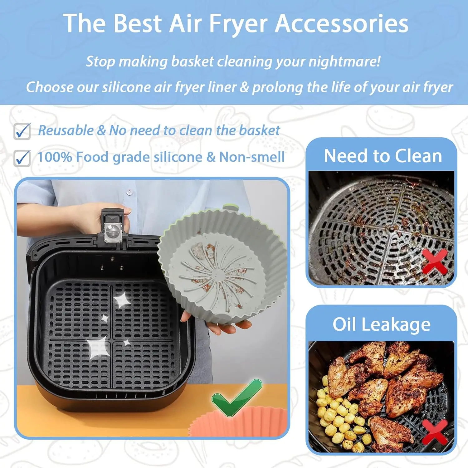 Air Fryer Liners Round 7/8/9 inch Silicone Pot Reusable Food Grade Airfryer Baking Basket