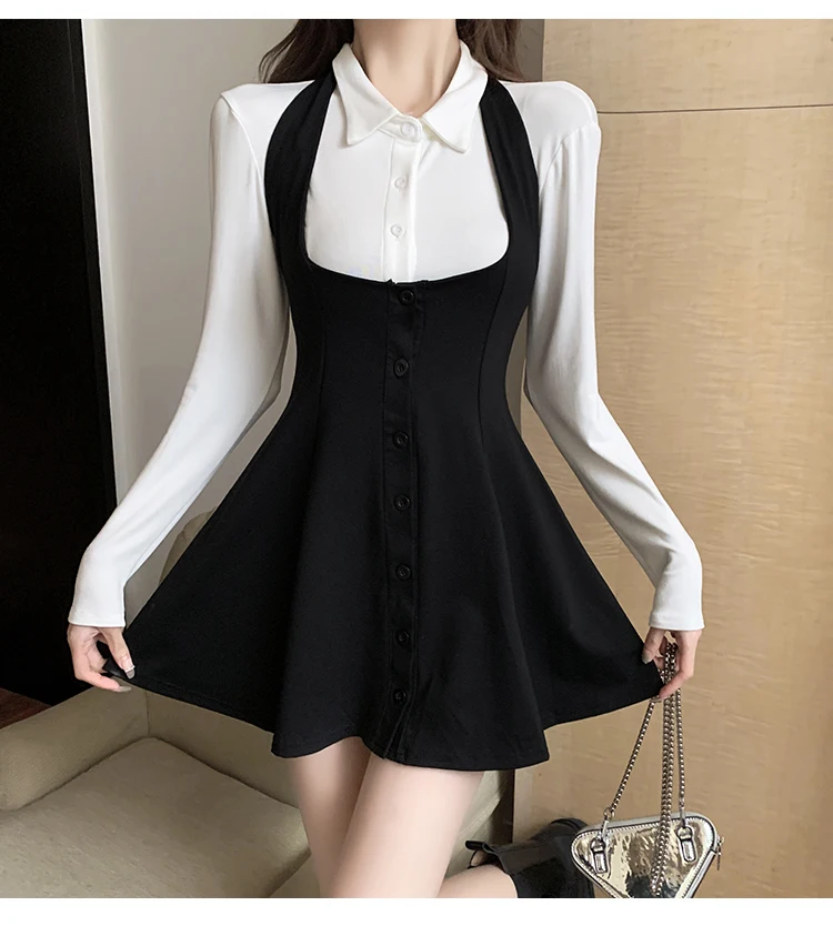 Autumn New Two-piece Skirt Sets Women Long Sleeve White Blouse High Waist Halter Mini Dress Korean Fashion Y2K Harajuku Outfits