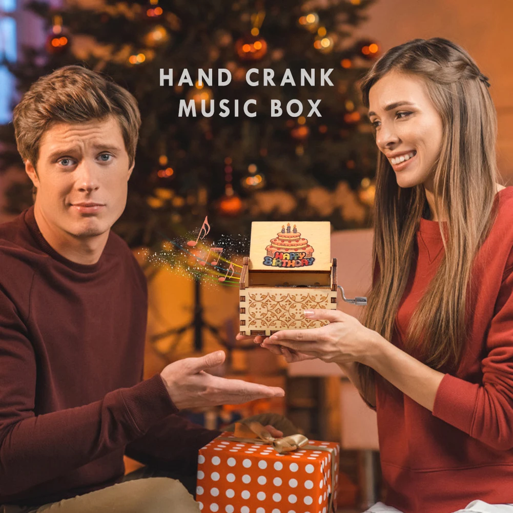Happy Birthday Musical Ornaments Antique Wooden Engraved Hand Cranked Music Box 2