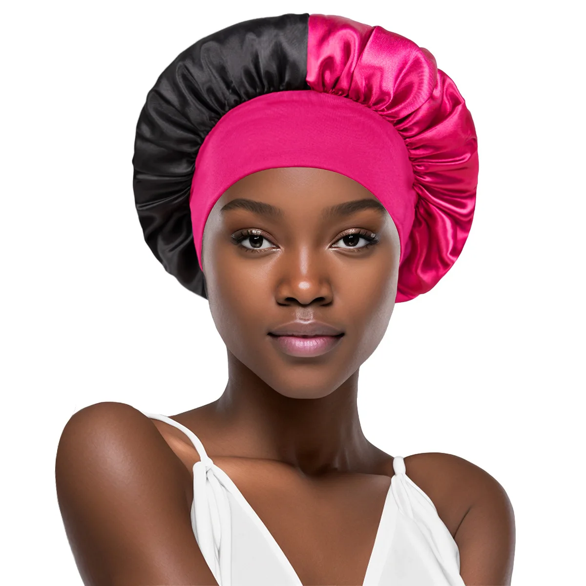 Women's Satin Solid Wide-brimmed Sleeping Hat Unisex Color-block Head Wrap Elastic Band Cap Hair Care Bonnet Night Hat 4