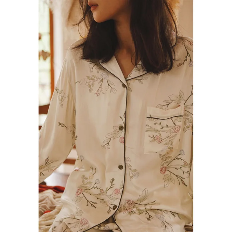 

Fashion Floral Viscose Long Sleeve Vintage Pajama Sets For Women Spring Summer Loose Sleepwear Suits