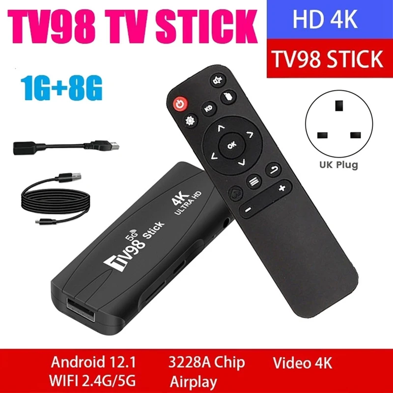 1 Pezzo Tv98 Tv Stick 1G + 8G Android 12.1 2.4G 5G Wifi Android Smart Tv Box 4K 60Fps Set Top Box (Spina Uk)