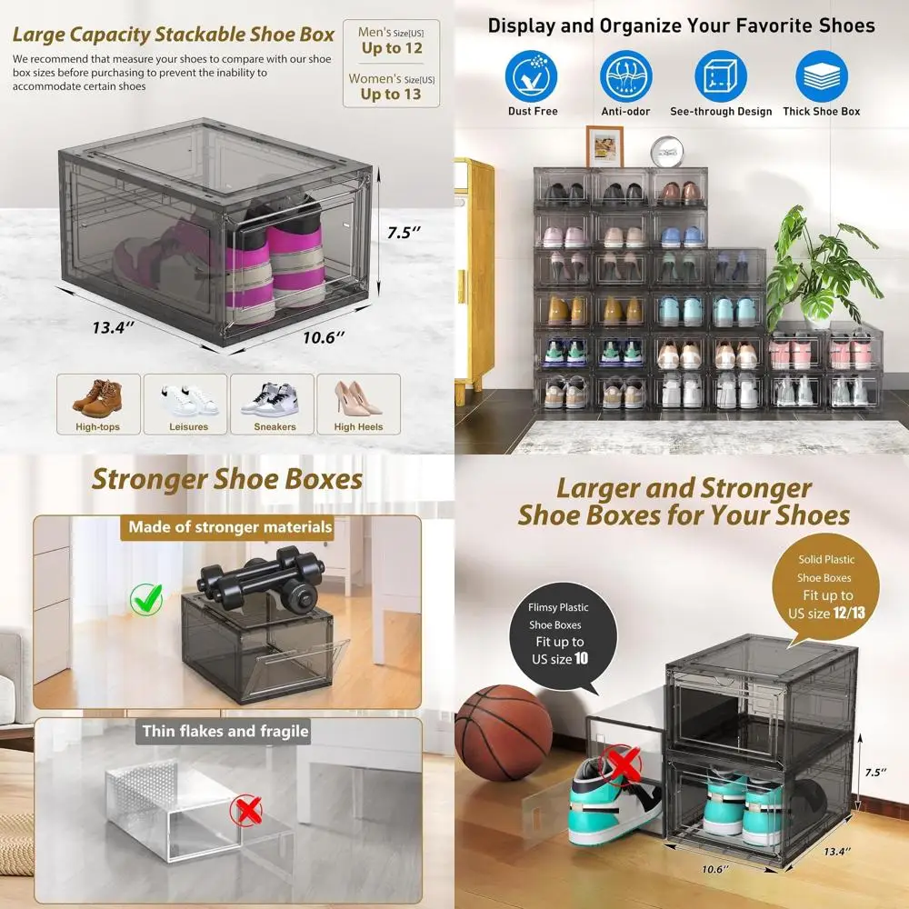 10 Pack XX Large Thicken Sturdy Hard Plastic Clear Stackable Shoe ...