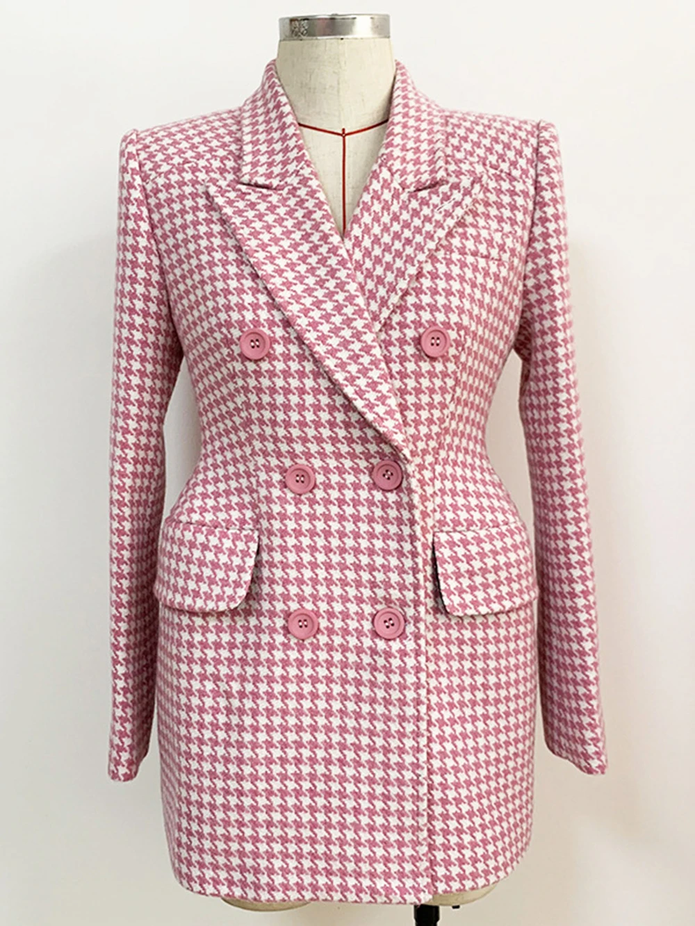 

2023 Autumn Winter New Notched Collar Slim Houndstooth Woolen Midi Jacket Female Coat Blazers Woman Jackets