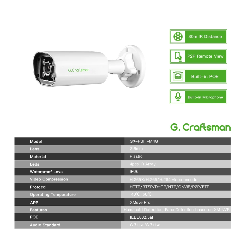 XMEYE 4MP POE IP Camera IR,Built-in Mic ,Motion,Hunman,Face Detection Onvif CCTV Video Surveillance Security G.Craftsman - 2